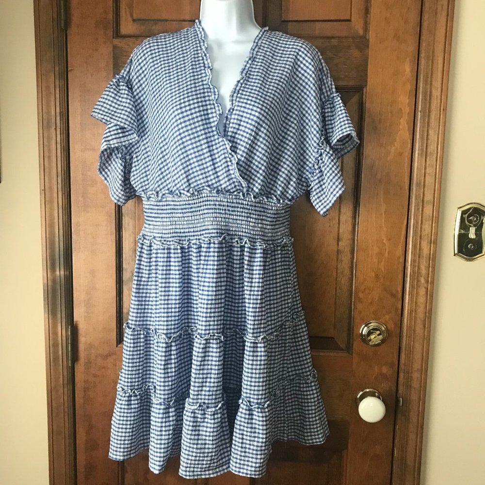 NWT Max Studio Blue/White Gingham Dress w/Smocked Elastic Waist X-Large